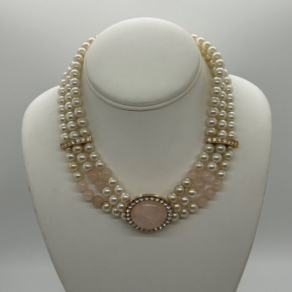 Estate Jewelry - Vintage Faux Pearl & Rose Quartz Triple-Strand Necklace With Rhinestone Accents